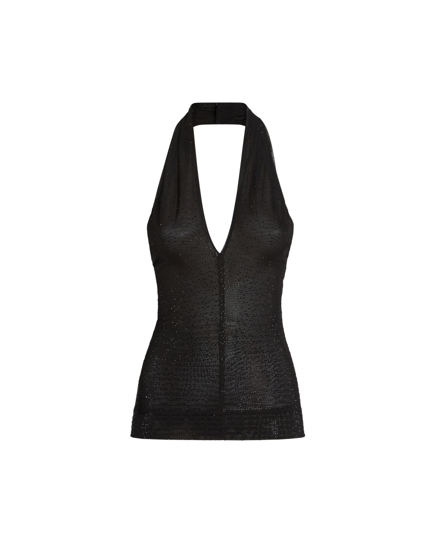 Crossed-neck tulle top with "blockchain" rhinestone application.