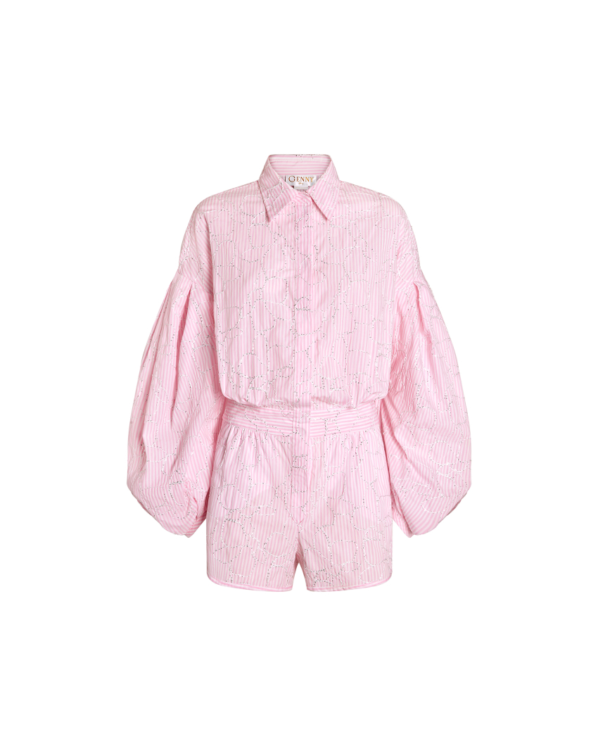 Popeline stripe playsuit with orchid embroidery