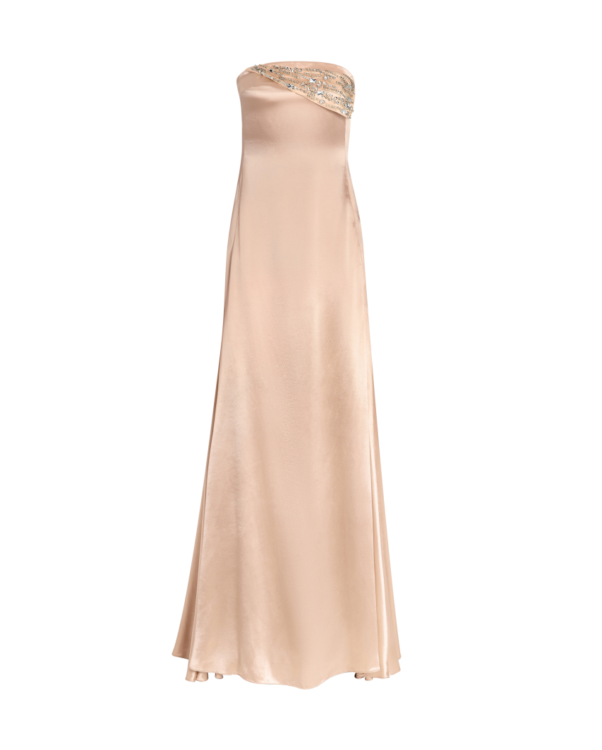Satin gown with embroidered lapel