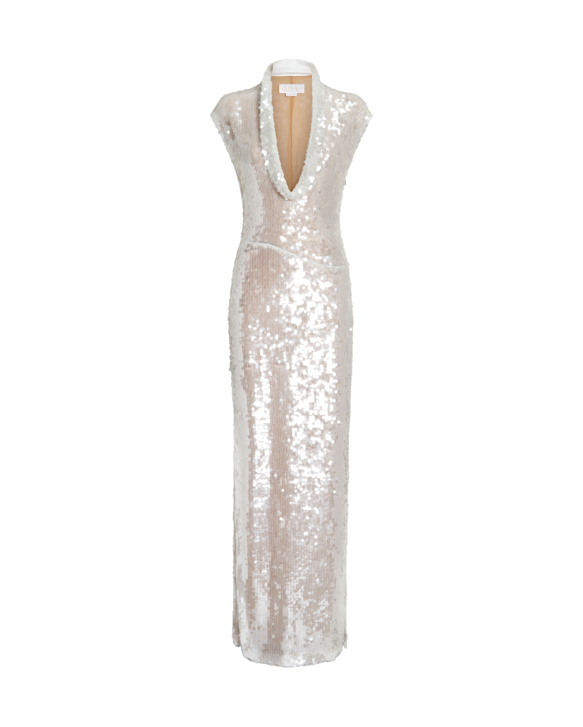 Sequin dress with draped neckline