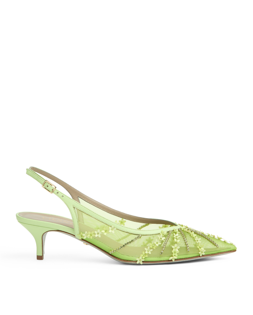 Embellished slingback pumps with embroidered details