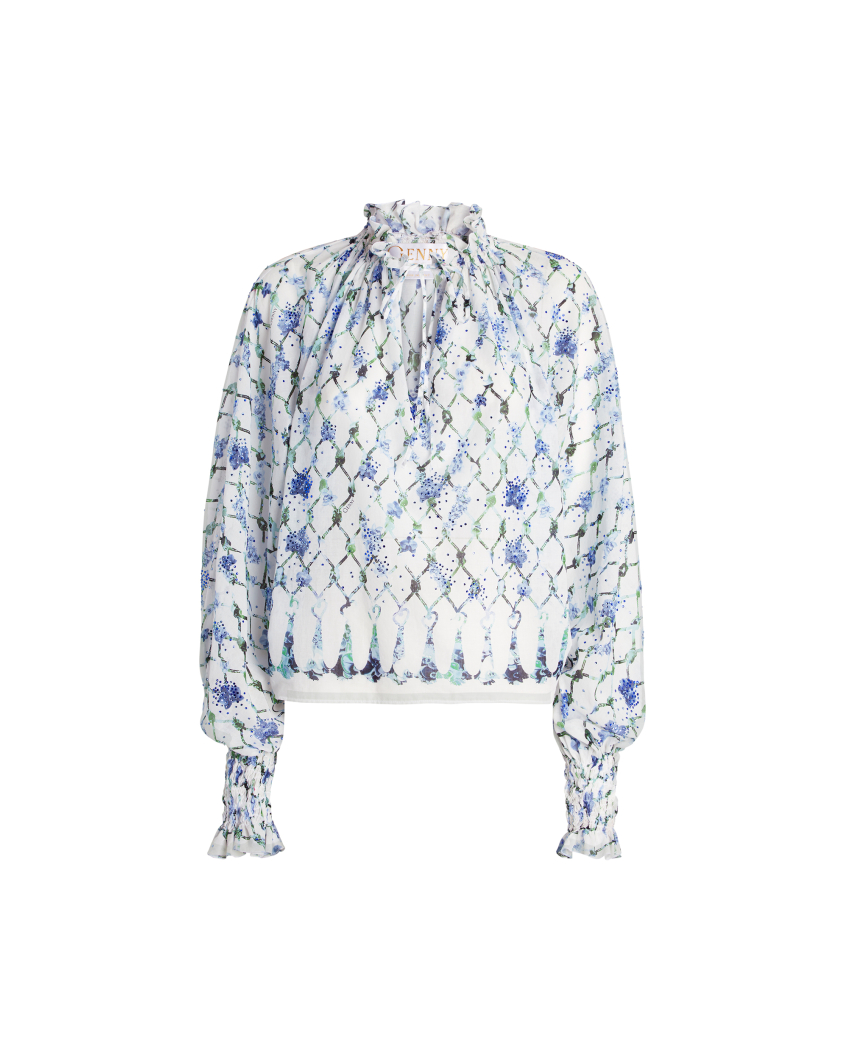 Blusa fluida con stampa nappine e strass