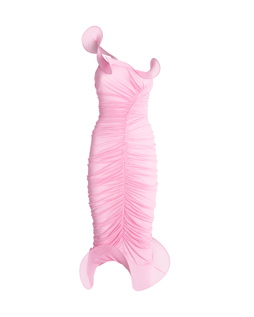 Midi dress with gathering and ruffles