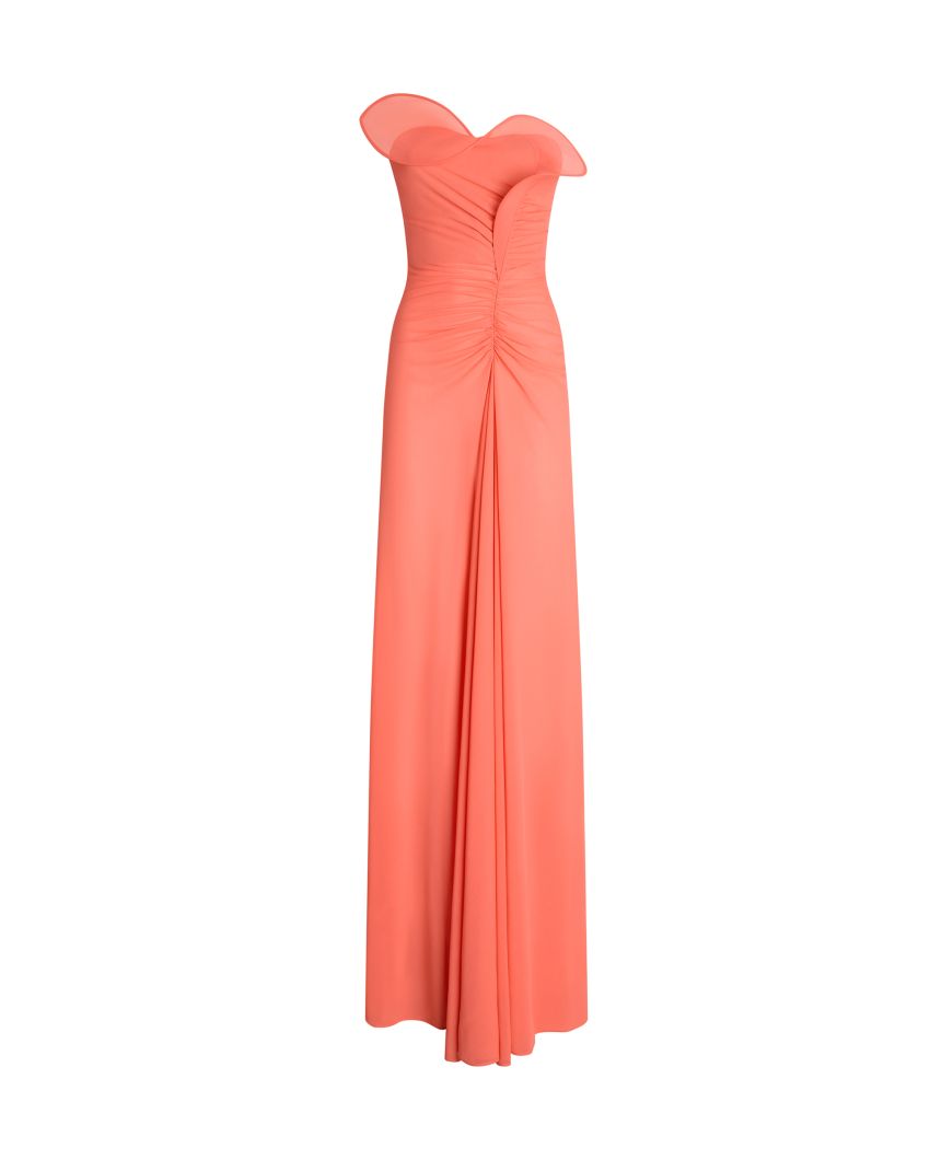 Long Jersey Dress with Gathering and Ruffle