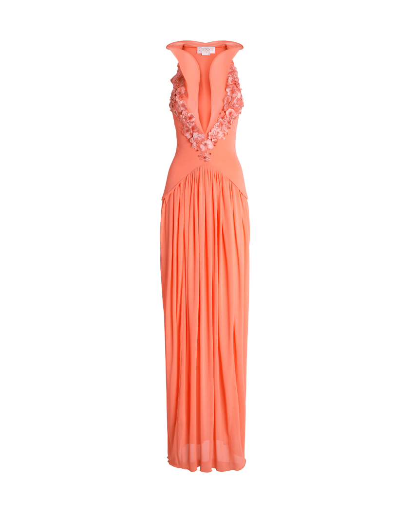 Long Dress with Embroidered Neckline