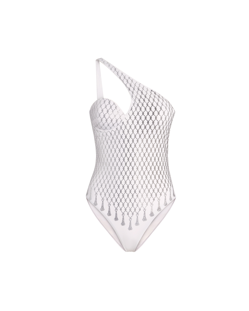One-piece swimsuit with crystal tassels