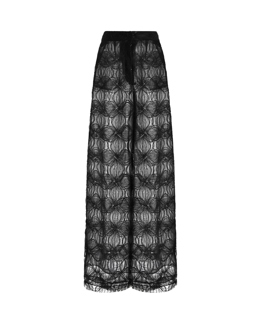 Wide-leg trousers in embroidered tulle