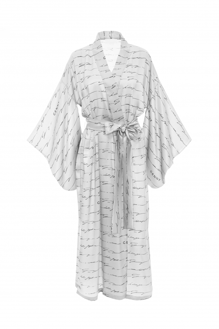  I love you printed long silk white kimono 
