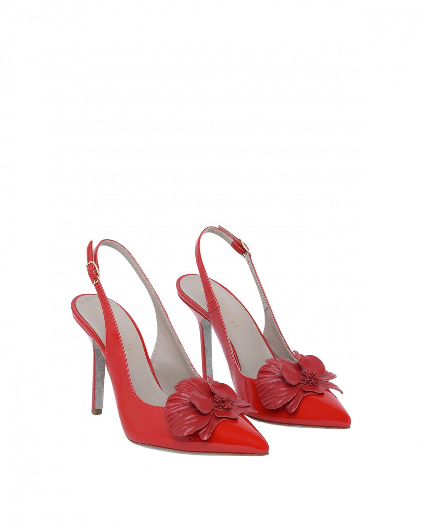 Red patent-leather slingback pumps