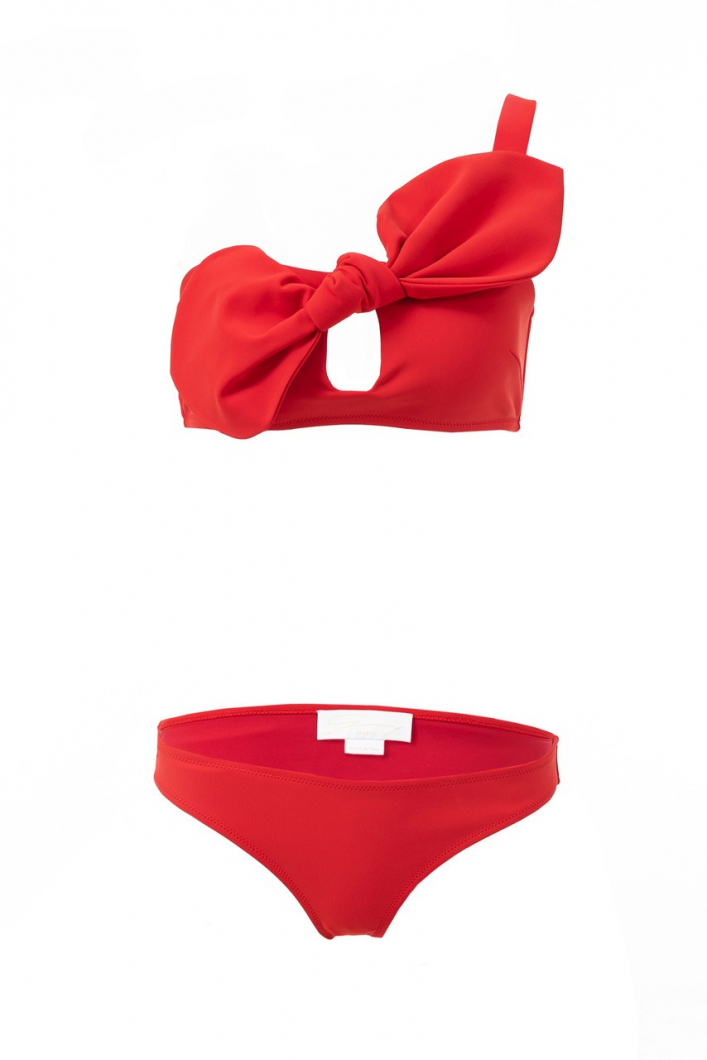 Red bow-detailed one-shoulder bikini