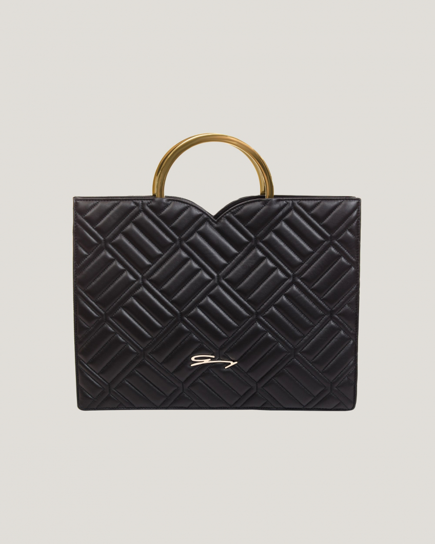 Square quilted black leather bag