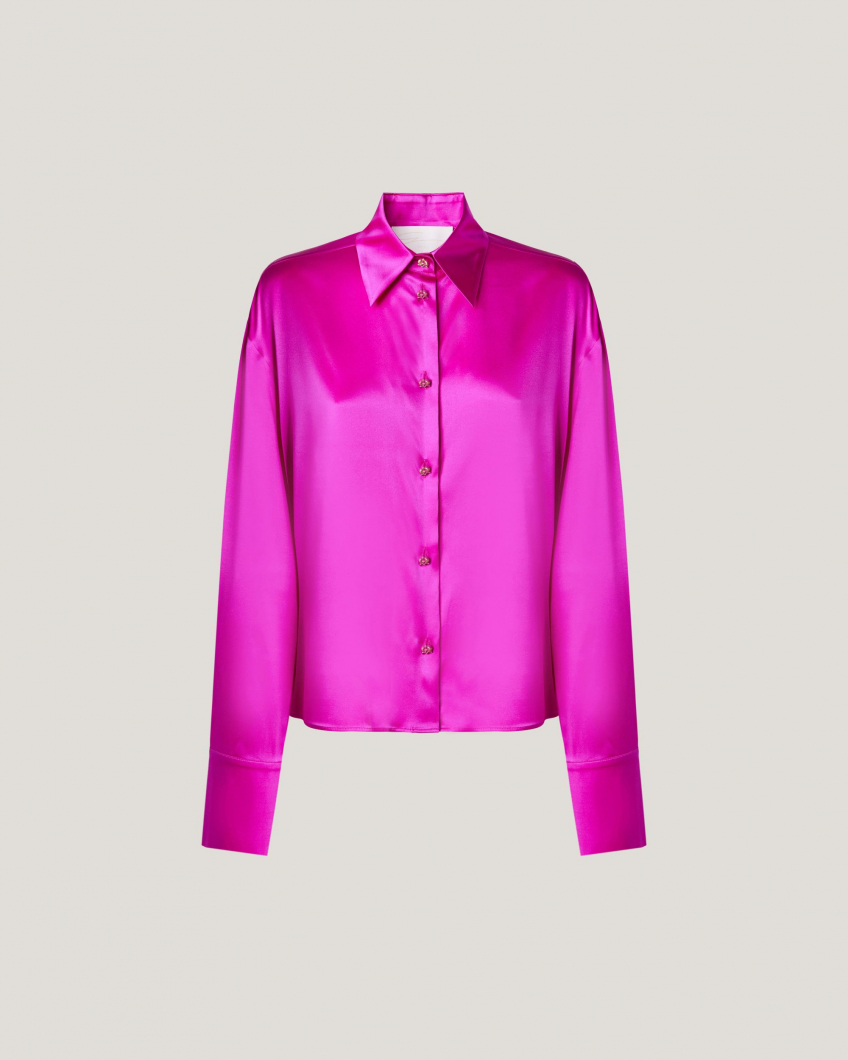 Pink satin shirt with classic neckline 