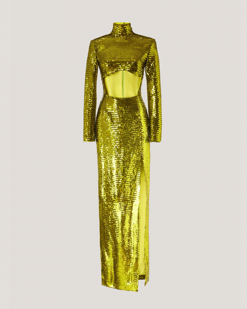 Evening sequined gown with front cut-out