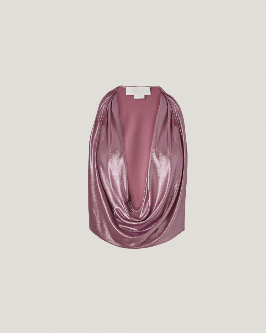 Laminated pink top with a front drape