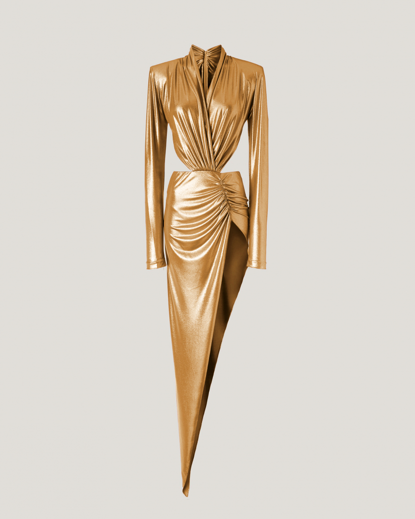 Evening golden dress with slit