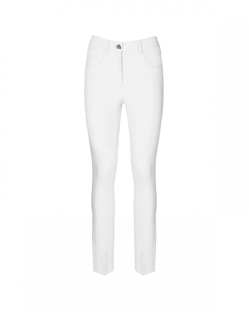 White stretch high-rise pants with ankle slits