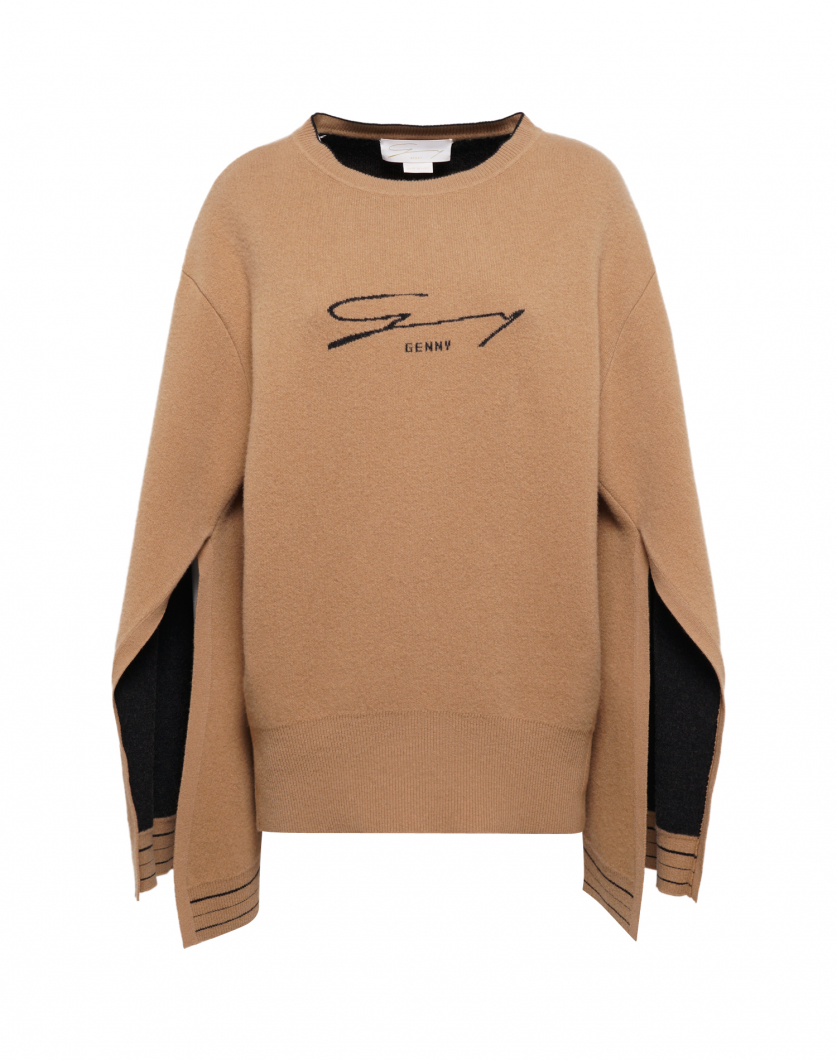 Brown sweater with black wool logo
