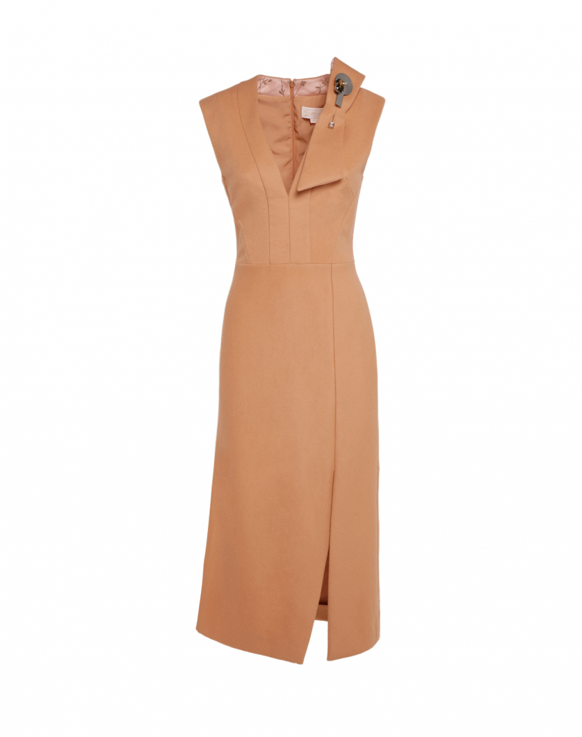 Sleeveless wool dress with V-neck and side bow