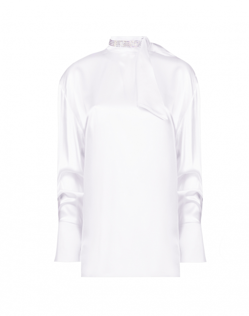 White satin silk blouse with rhinestones