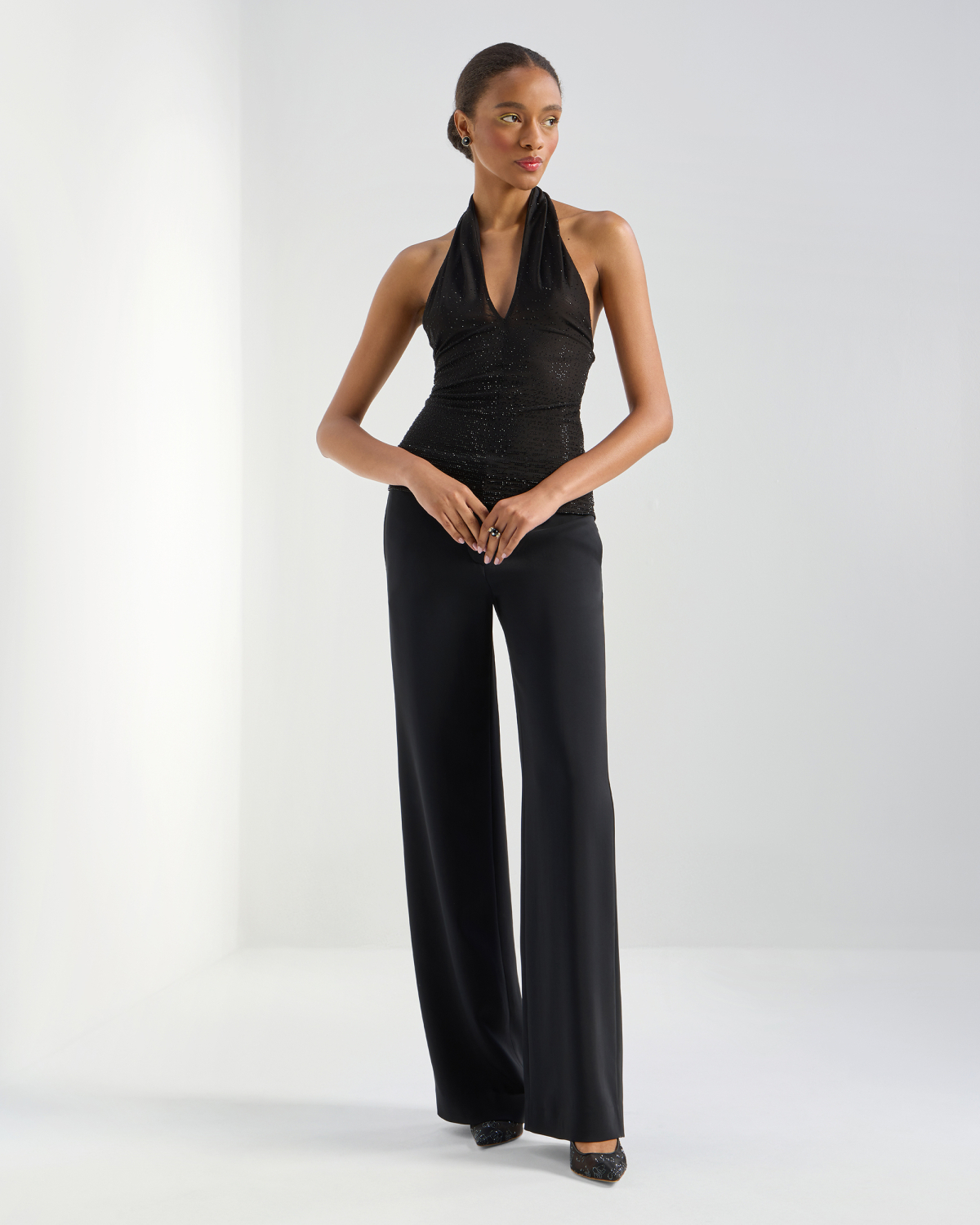 Crossed-neck tulle top with
