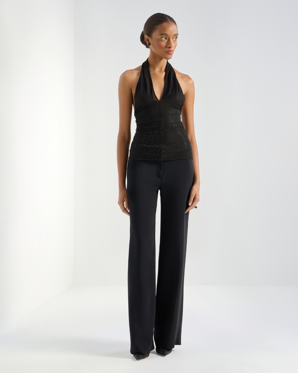 Crossed-neck tulle top with