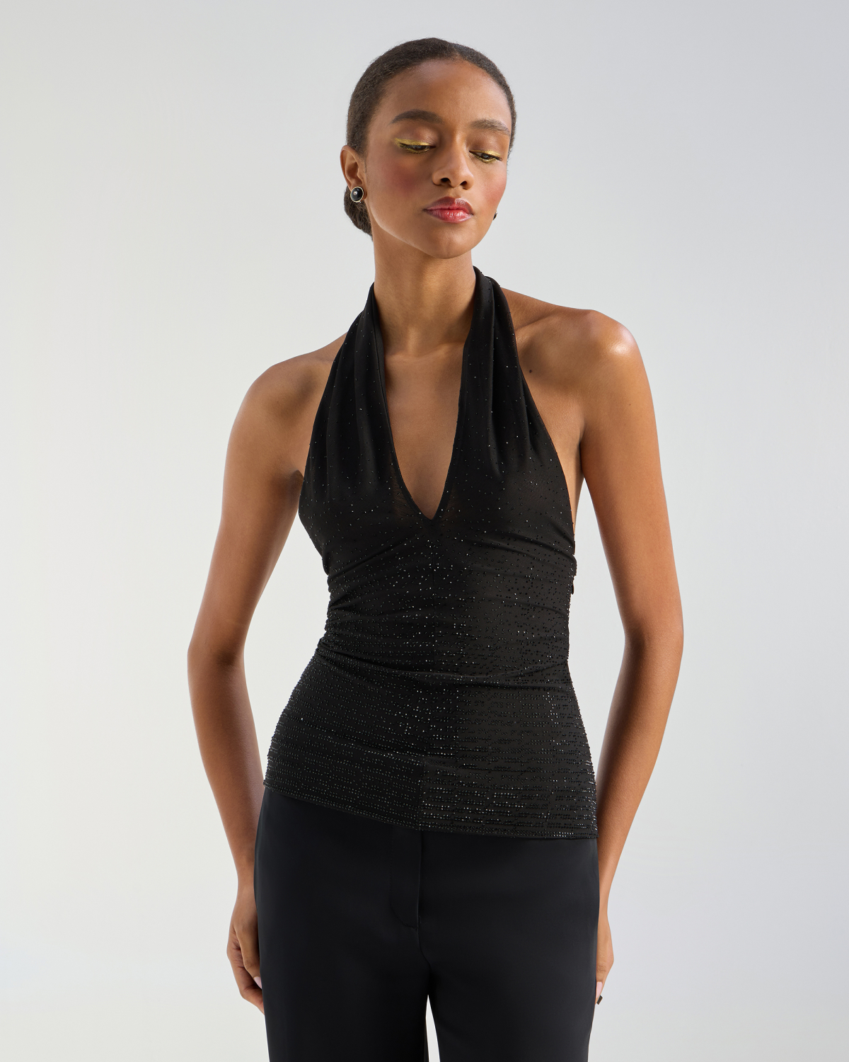Crossed-neck tulle top with
