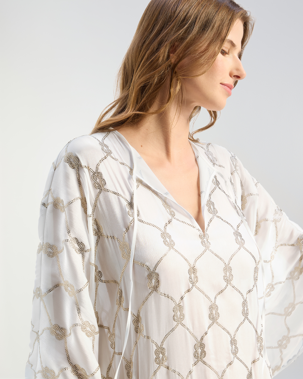 Kaftan with rhinestone tassel embellishment | Beachwear, SS26 Show Collection | Genny
