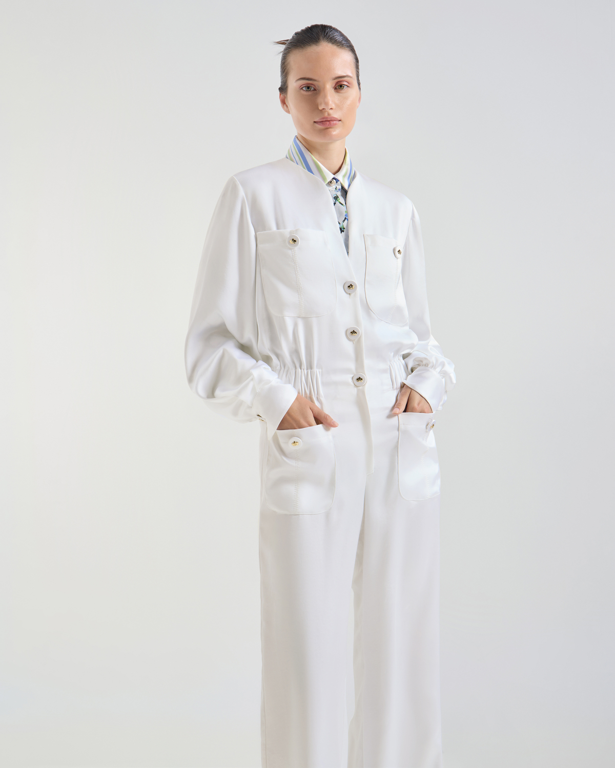 Satin jumpsuit with gathered waist and pockets | SS26 Show Collection, Sale 40% | Genny
