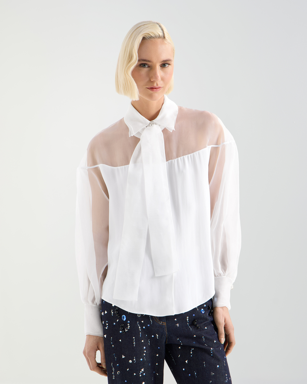 Camicia in georgette e organza con fiocco | Collezione Pre Fall 2026-27, Camicie | Genny