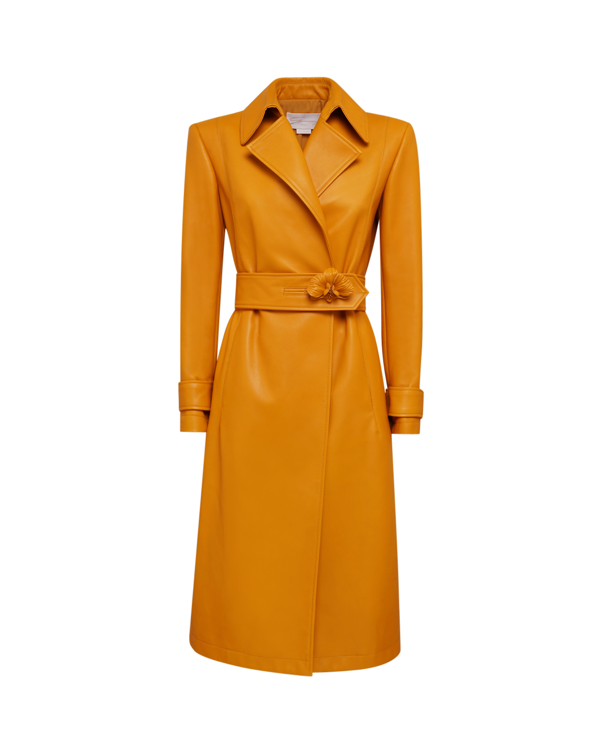 Belted ochre leather coat