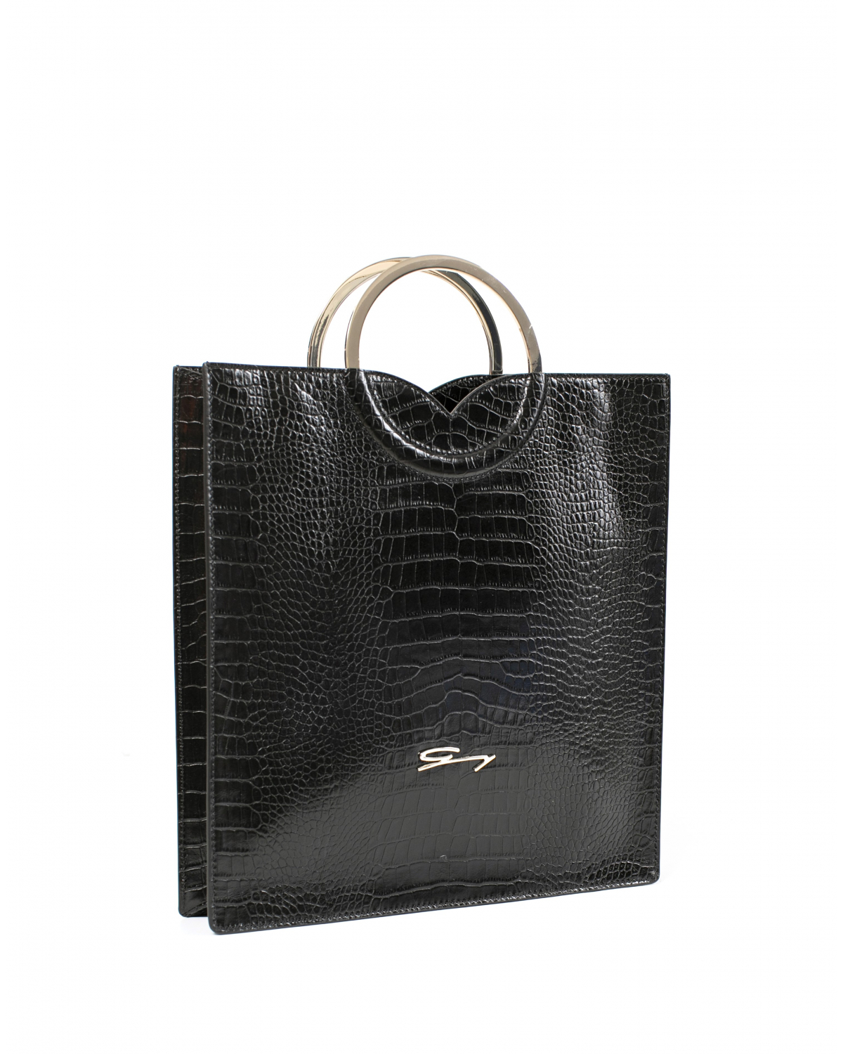 Black leather square bag with round metal handles | Accessories, -40% | Genny