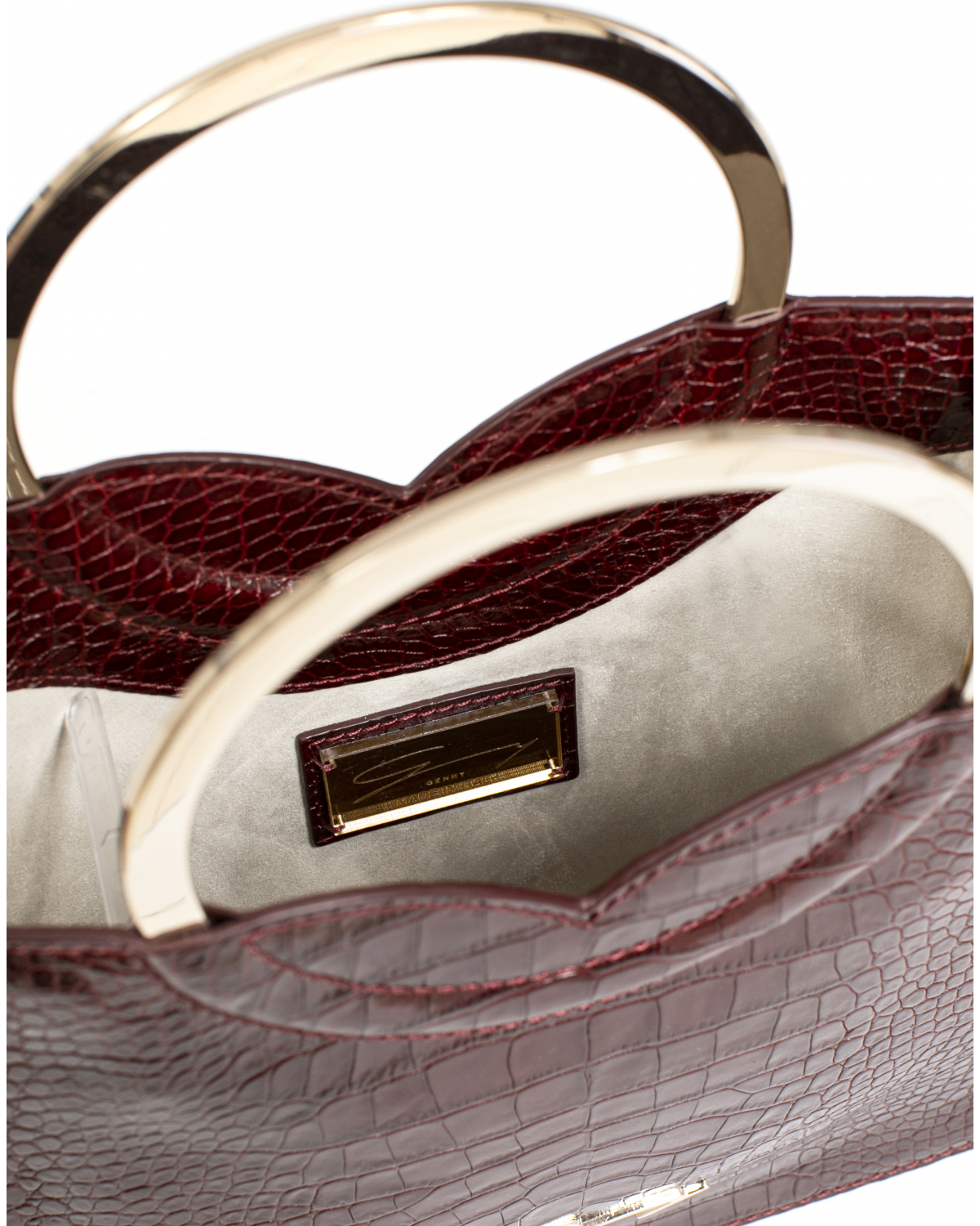 Small square burgundy leather bag with round metal handles | Accessories, -40% | Genny